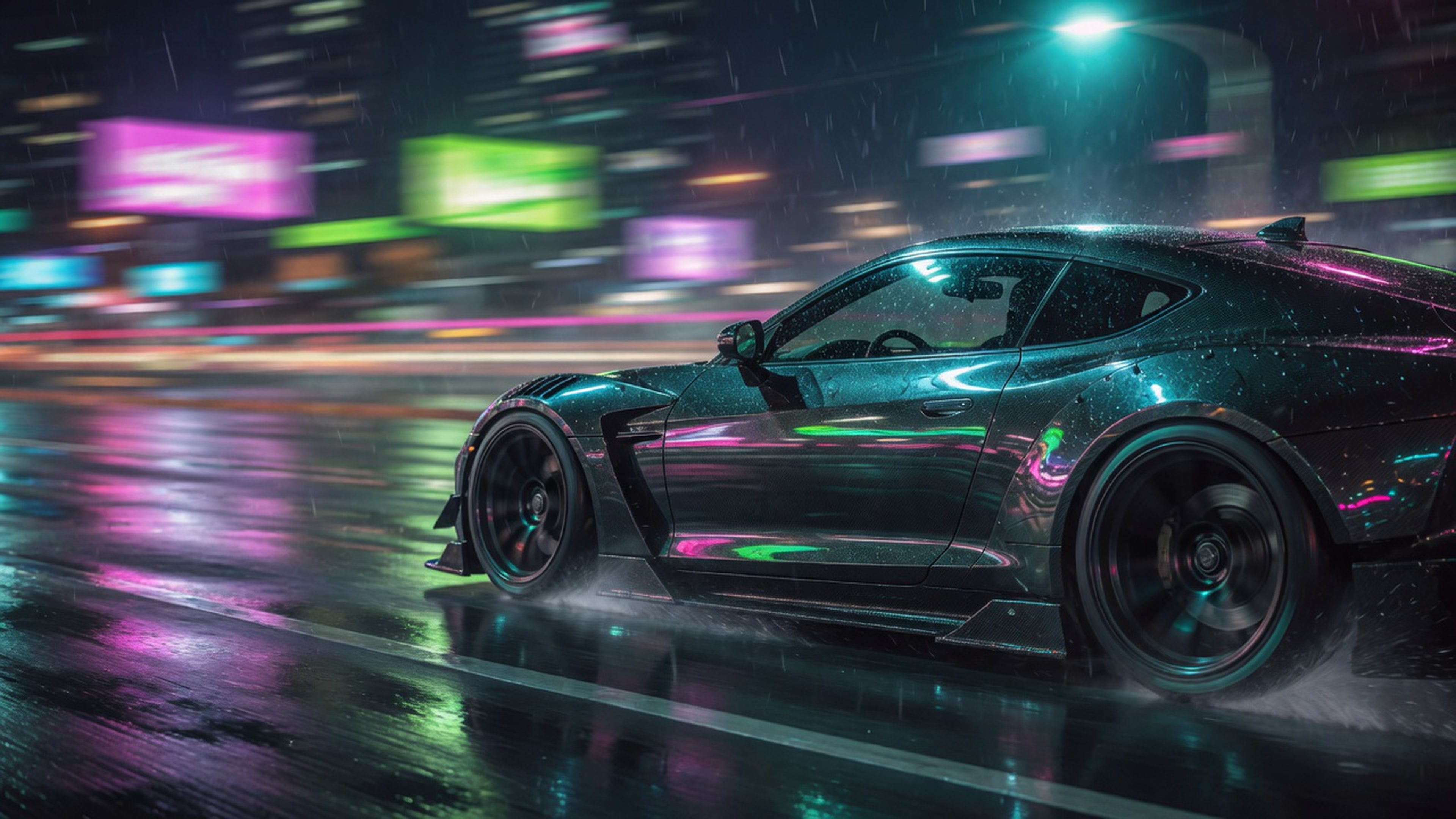Sports cars on a wet road